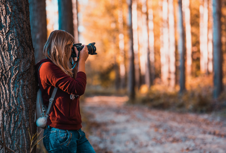 woman looking through viewfinder of camera on path in forrest