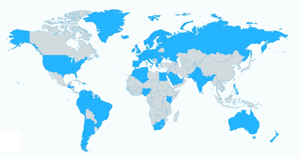 A map showing the 70 countries that Debitoor has localised editions for