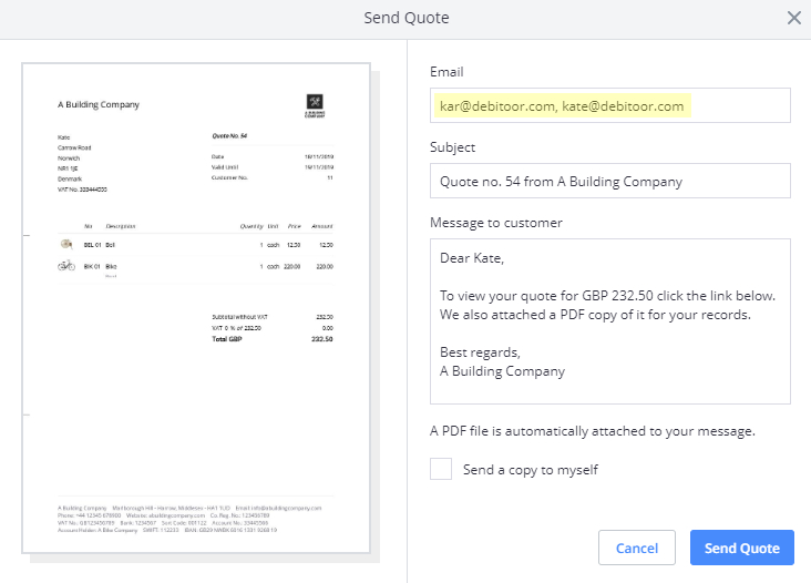 A screenshot of sending a quote to more than one email address in Debitoor invoicing software