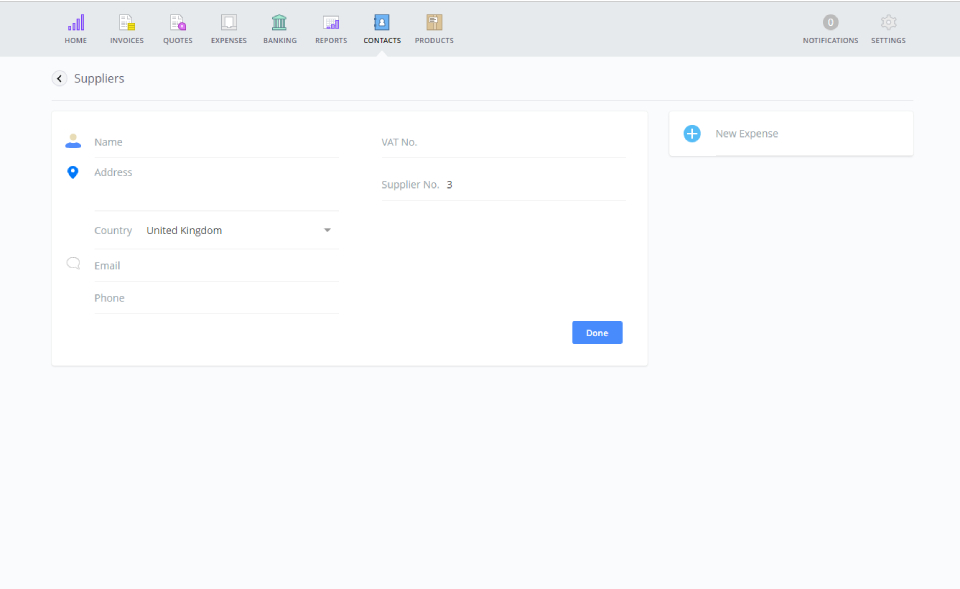 A screenshot showing how to create a new supplier in the updated Supliers tab in Debitoor invoicing software