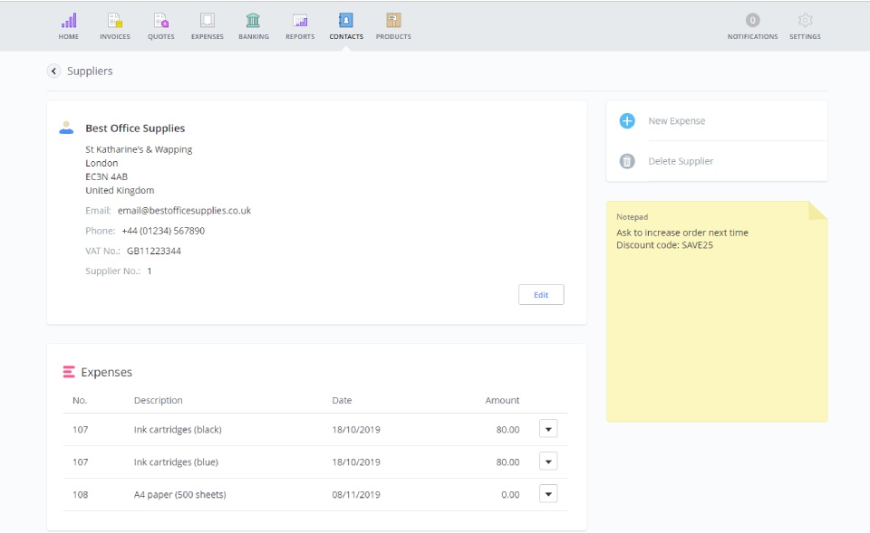 A screenshot of the updated Suppliers tab in Debitoor invoicing software