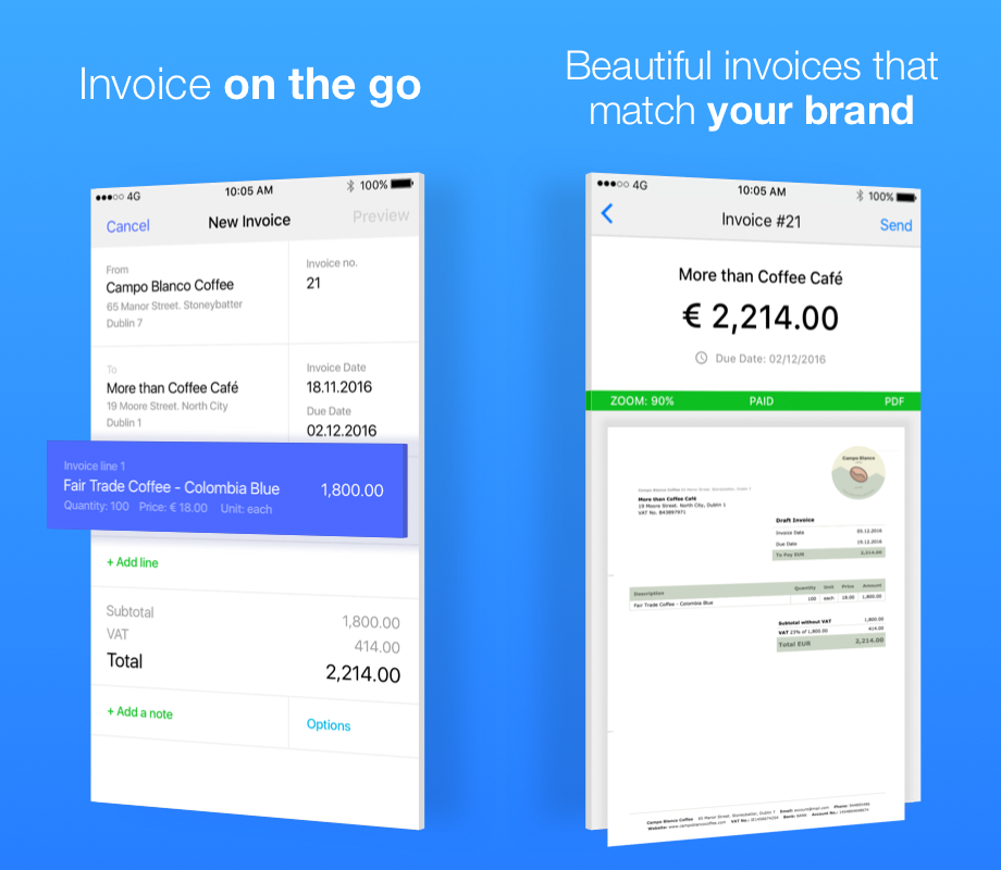 Create professional-looking invoices fast, right on your mobile