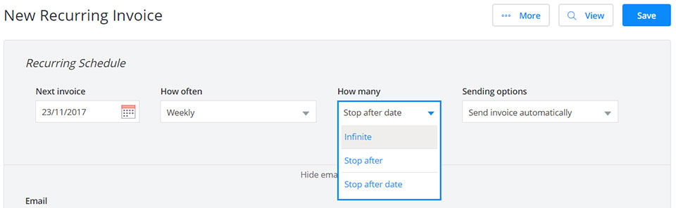 Set a date range or number to limit recurring invoices in Debitoor invoicing software