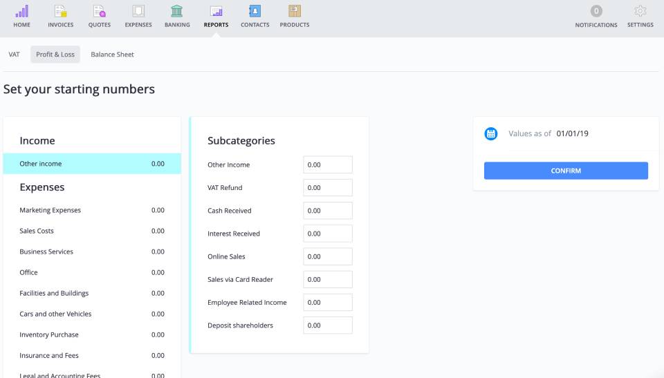 Add the starting numbers to your Debitoor account in your p&l report now available