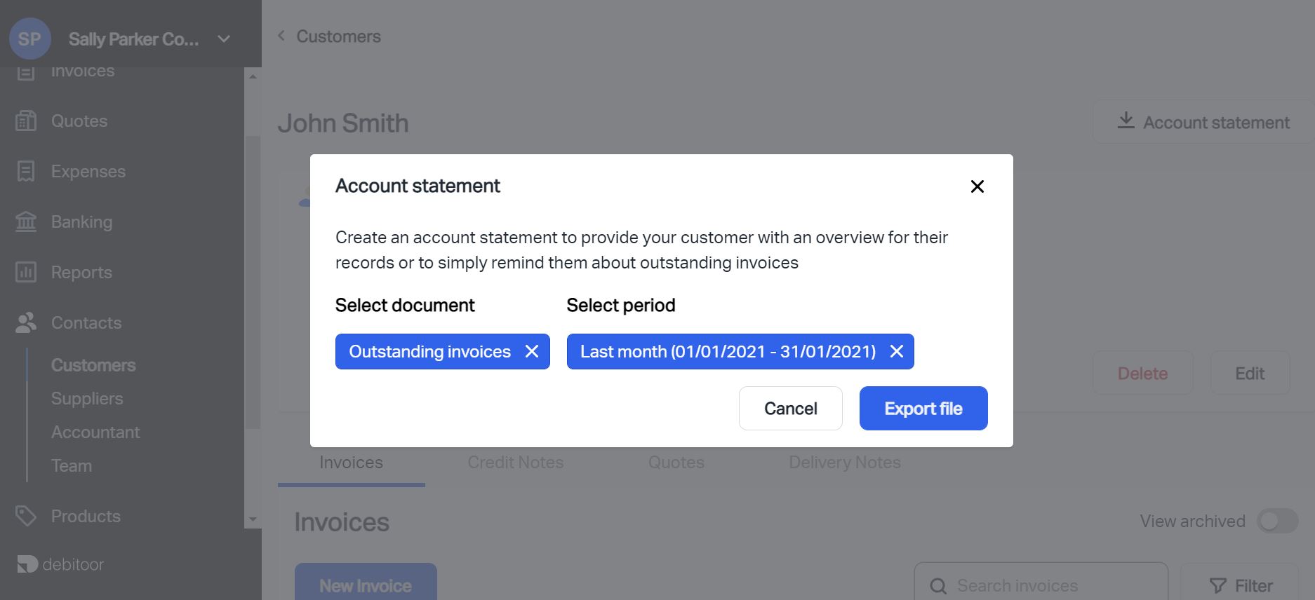 Screenshot showing where you can find the account statement filters on Debitoor