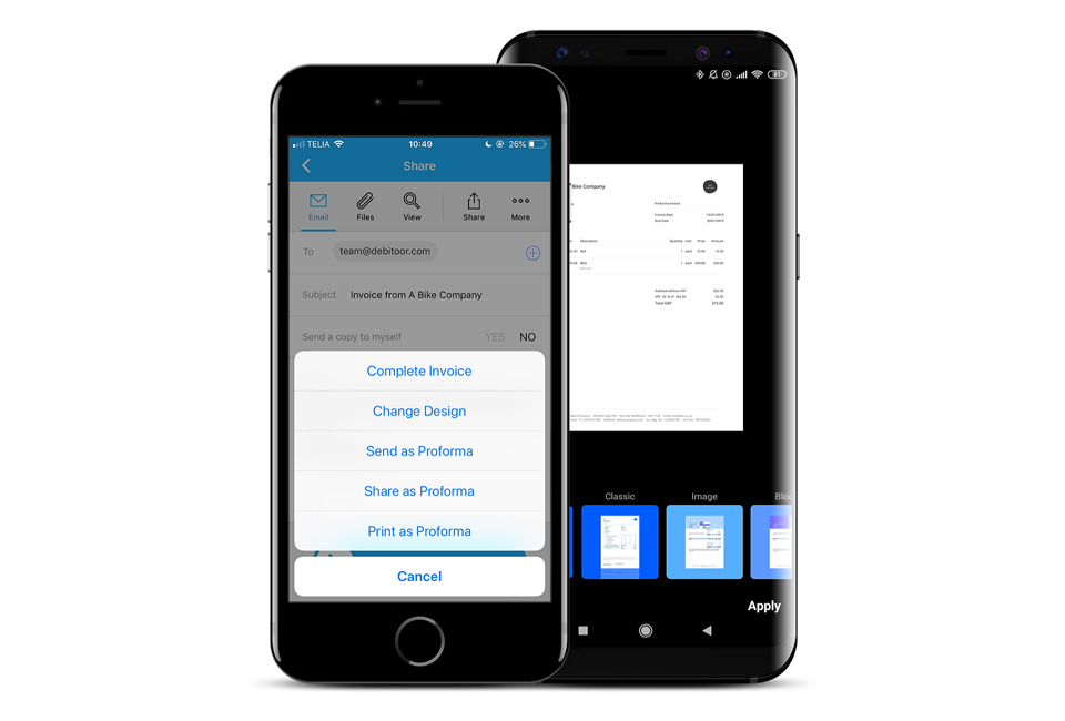 An iPhone and Android phone using the Debitoor mobile invoicing apps to create and edit proforma invoices