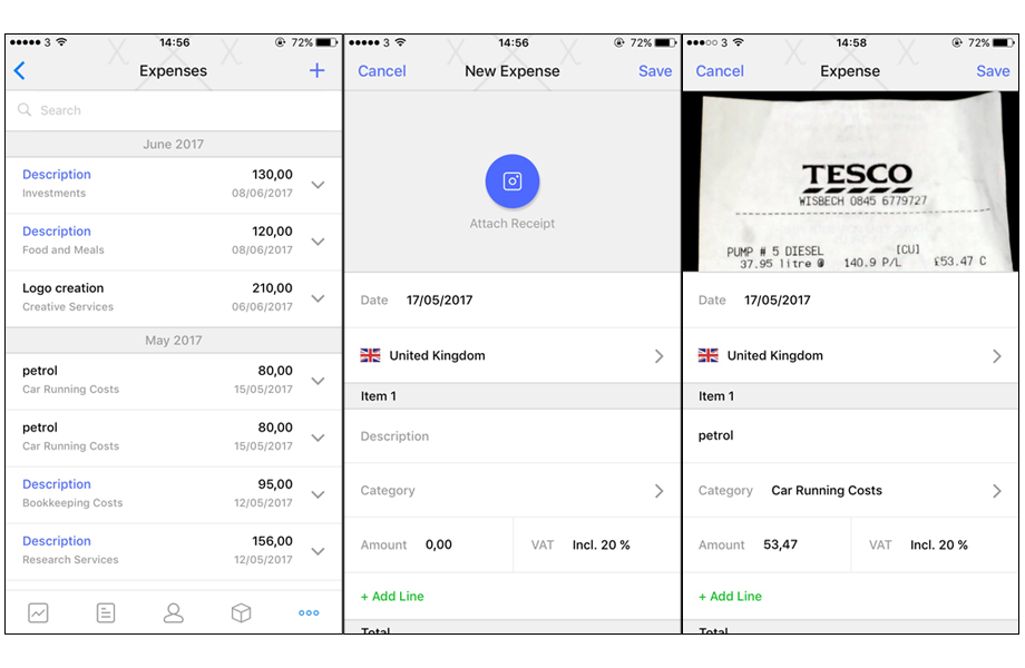 Registering an expense is fast and simple in the Debitoor iPhone app