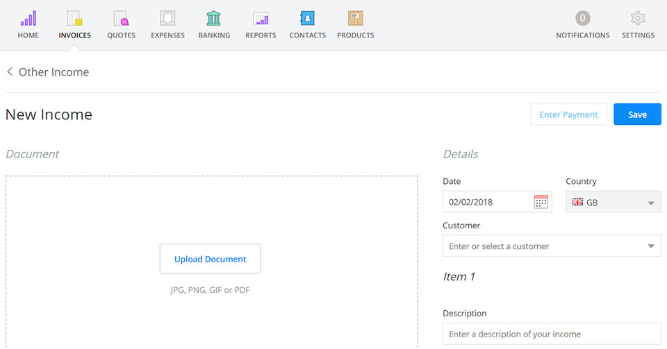 Enter other income easily under ‘Invoices’ in Debitoor invoicing software