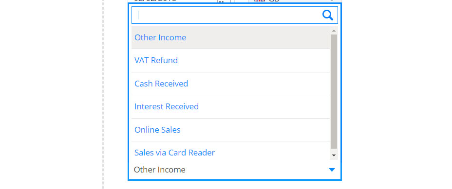 Selecting the category for your other income takes a click with drop down menus in Debitoor invoicing software