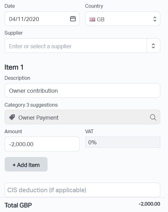 A screenshot of an owner contribution being recorded in Debitoor invoicing software