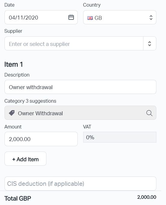 A screenshot of an owner withdrawal being recorded in Debitoor invoicing software