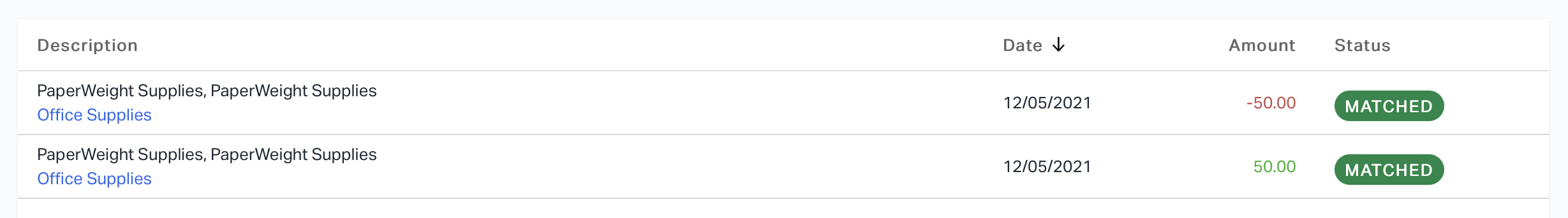 Example of recorded expense and refund from supplier both matched in the banking tab.