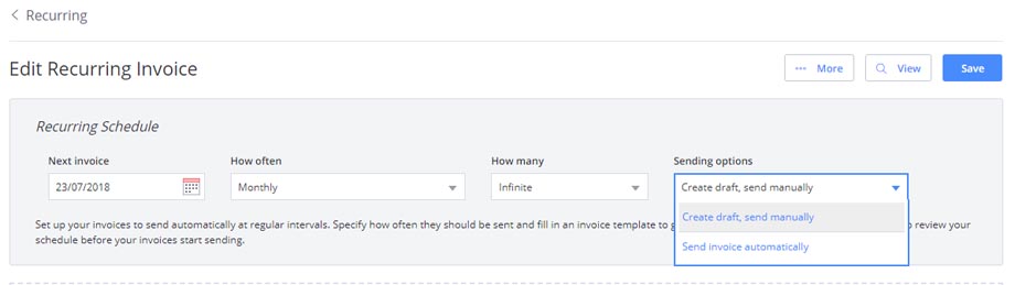 Edit your recurring proforma invoices to be sent manually or automatically