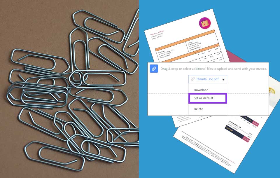 Upload attachments to send with your invoices just once and save them to send every time with Debitoor invoicing software