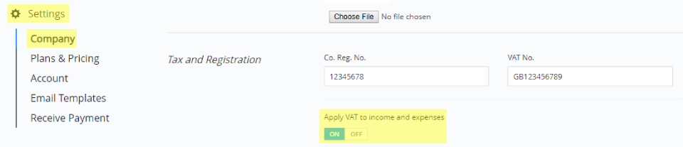 A screenshot of Debitoor invoicing software, showing where to activate VAT in a Debitoor account