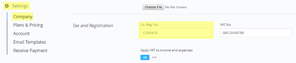 A screenshot showing where to add a company registration number in Debitoor invoicing software