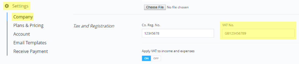 A screenshot showing how to update a VAT number in Debitoor invoicing software
