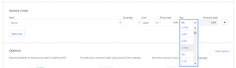 Adding your combined tax rate to an invoice with Debitoor invoicing software takes only a click, thanks to our dropdown menu.