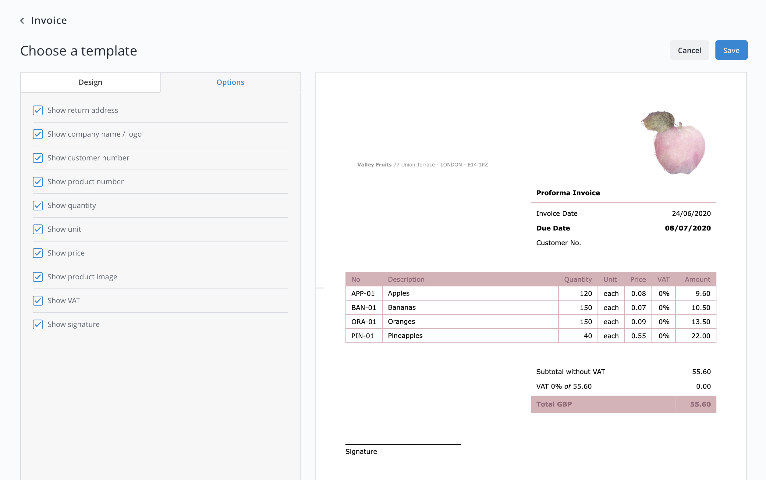 With Debitoor invoicing software, you can choose which fields you want your invoicing template to display