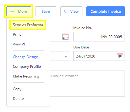 A screenshot showing how to send a proforma invoice with Debitoor invoicing software