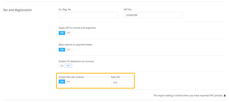 The button for activating the flat rate VAT scheme in your Debitoor accounting & invoicing software account