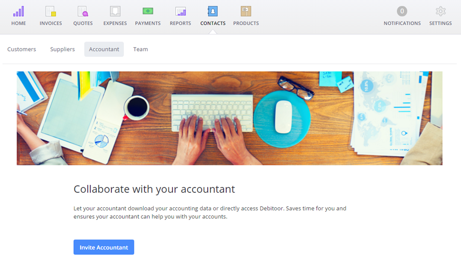 Invite your accountant to your Debitoor account to start collaborating right away