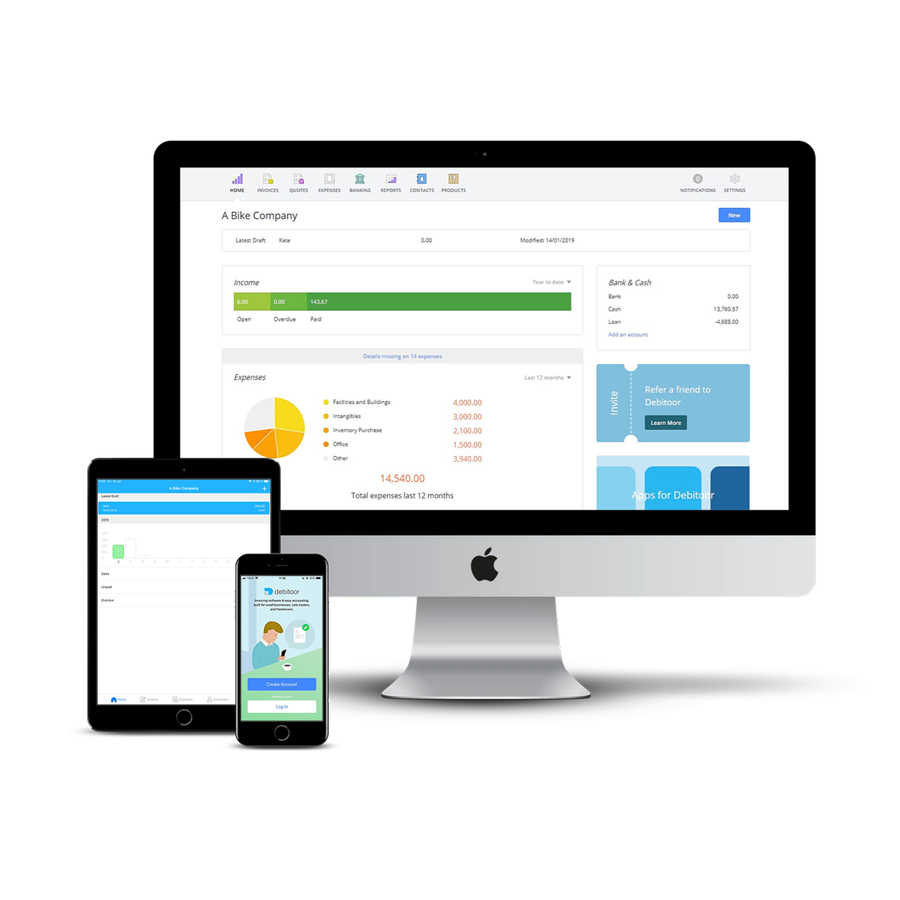 A computer with Debitoor invoicing software and an iPhone and iPad with Debitoor iOS app