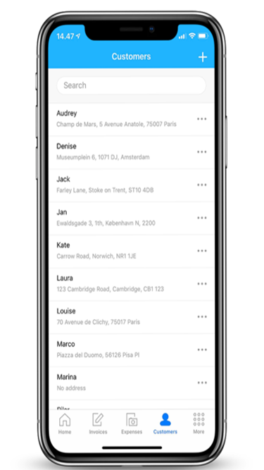 An iPhone X looking at the customer tab in the Debitoor iOS app