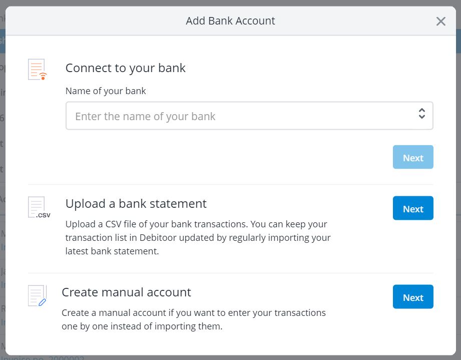 Popup to add a bank account