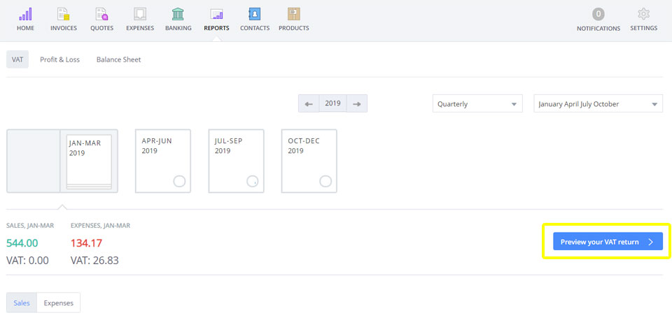 Click the 'Preview your VAT return' button in Debitoor accounting & invoicing software.