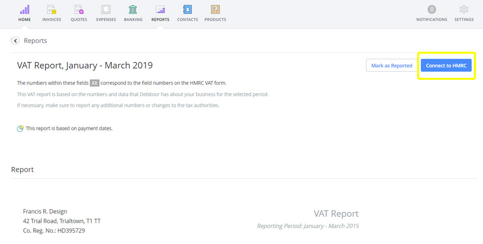 The blue 'Connect to HMRC' button in your Debitoor account.