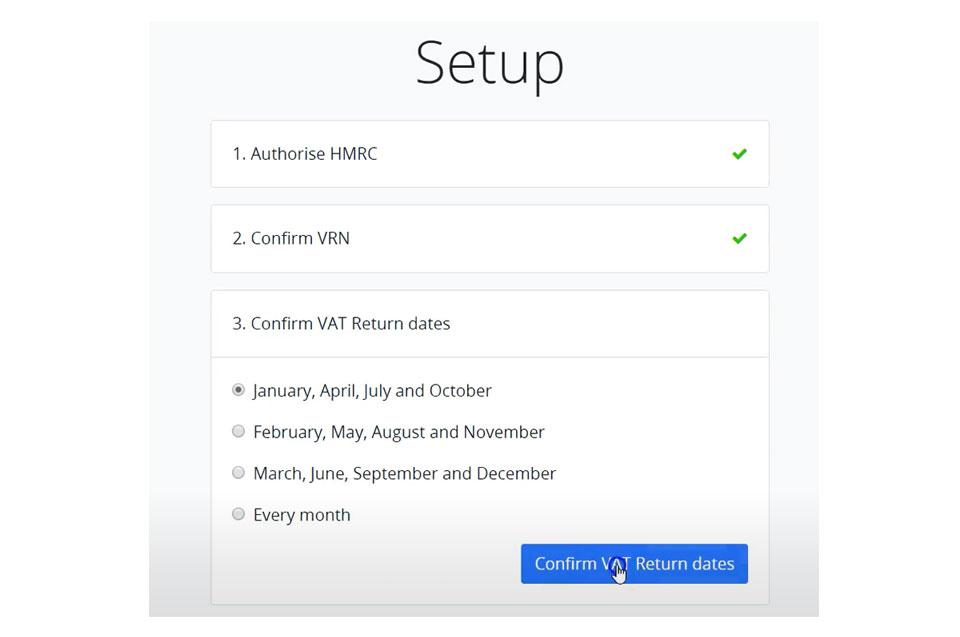 Page to confirm VRN and VAT return period for your Debitoor account.