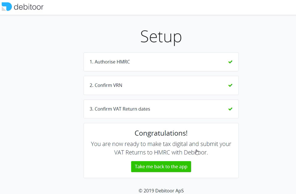 Confirmation of a successful HMRC MTD connection to Debitoor.