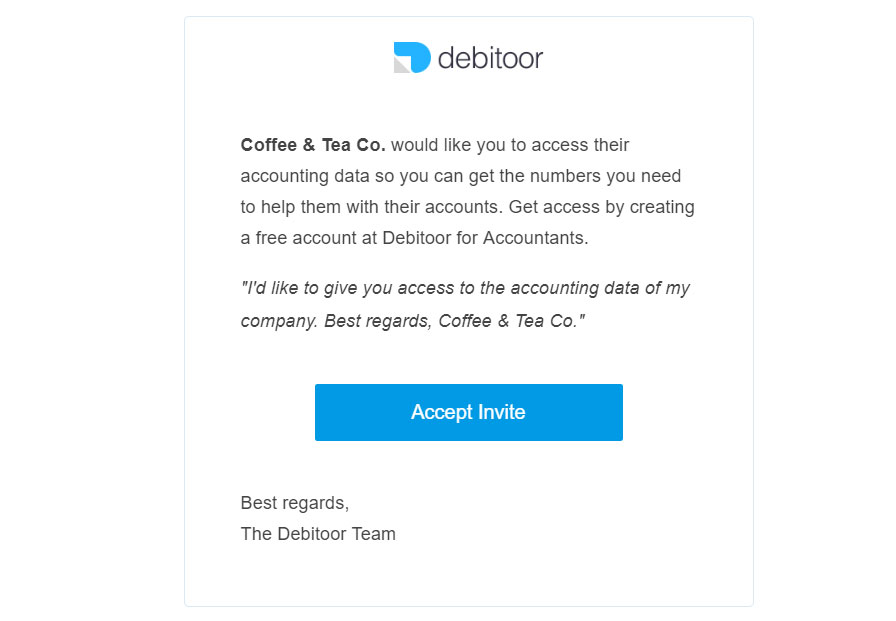 Email invite that your accountant will receive to set up access to the data in your Debitoor account