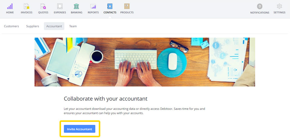 Screen in your Debitoor account where you can invite your accountant with an email