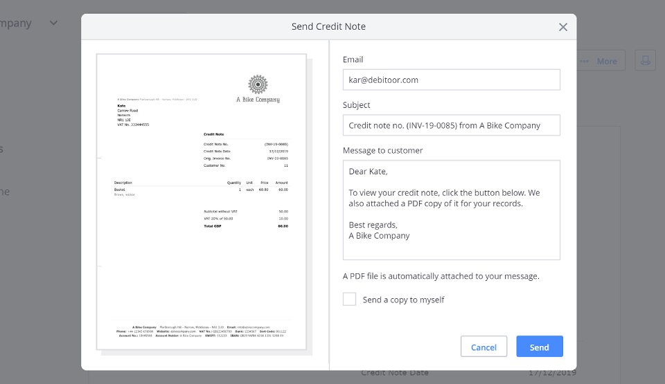 A screenshot showing how to send a credit note created with Debitoor invoicing software