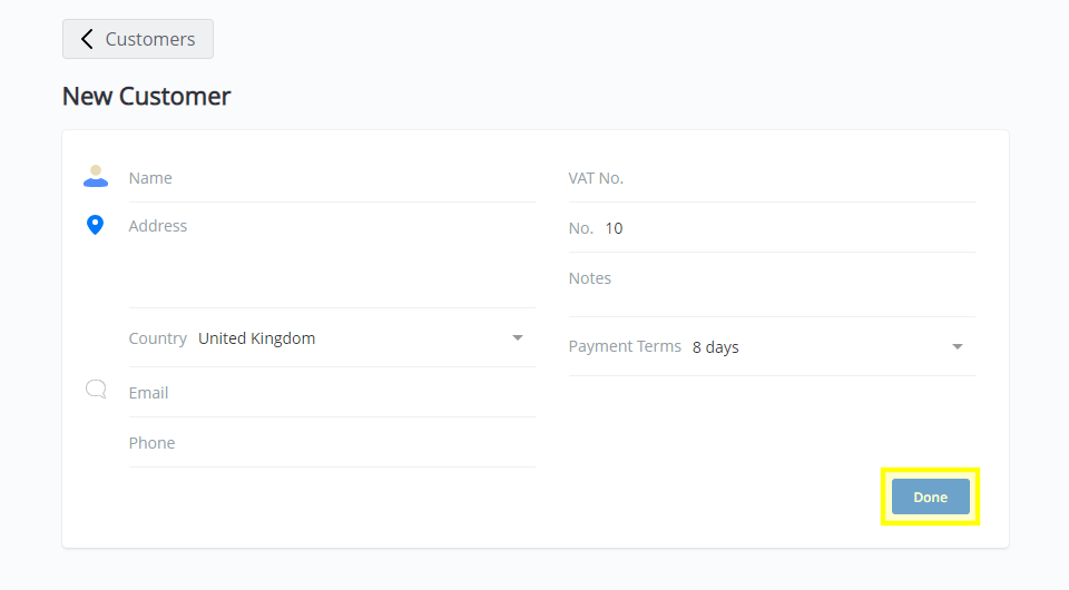 A screenshot showing how to add details about a new customer in Debitoor invoicing software