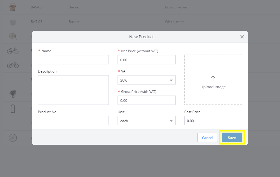 A screenshot showing how to add details about a new product in Debitoor invoicing software
