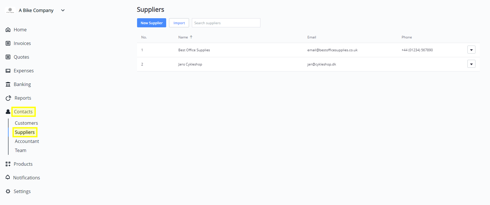 A screenshot showing how to create a new supplier in Debitoor invoicing software