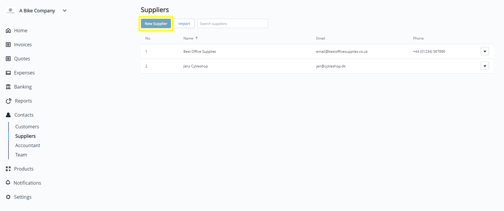 A screenshot showing how to create a new supplier with Debitoor invoicing software