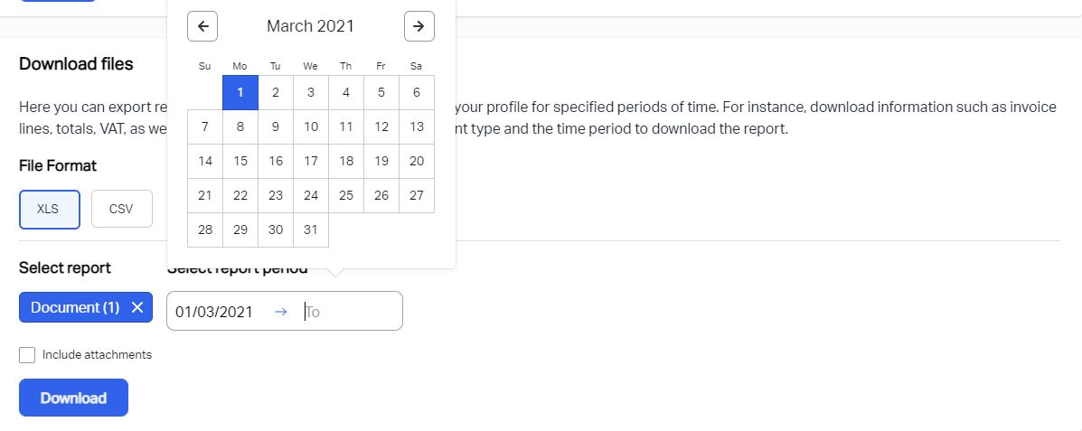 A screenshot showing how to choose a date range for your data export from Debitoor invoicing software