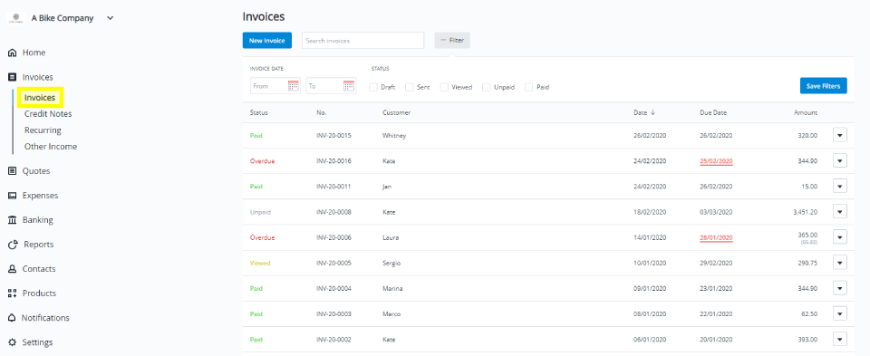 A screenshot showing how to select the invoices tab in your Debitoor account