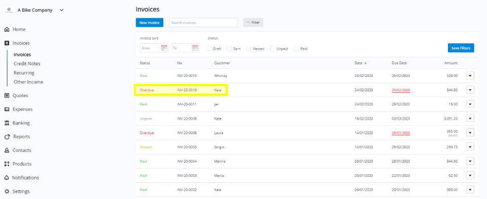 A screenshot showing how to click on an overdue invoice in your Debitoor account