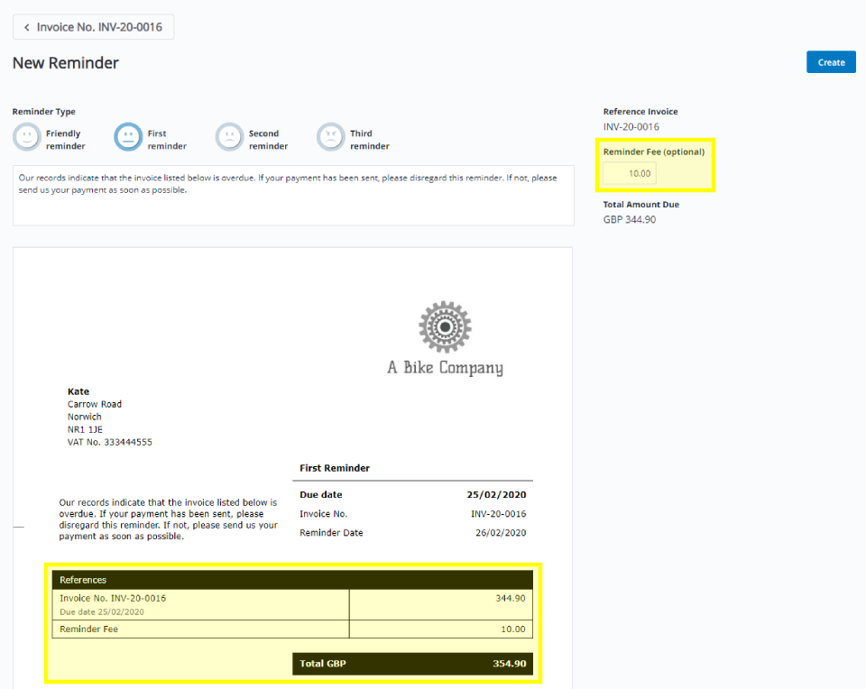 A screenshot showing how to add a late payment fee to a reminder with Debitoor