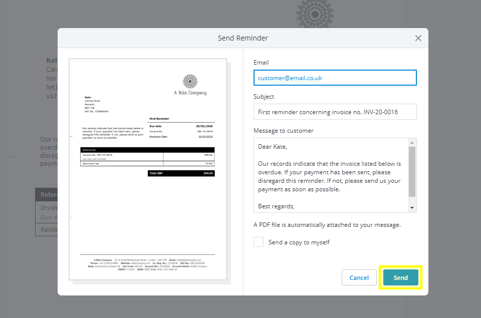 A screenshot showing how to send a late payment reminder with Debitoor invoicing software