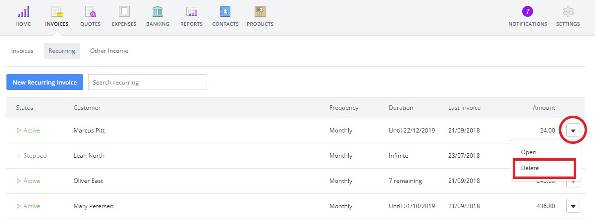 Deleting a recurring invoice in Debitoor invoicing software