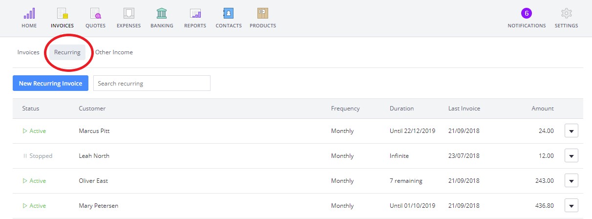 The first two steps of creating recurring invoices in Debitoor invoice software