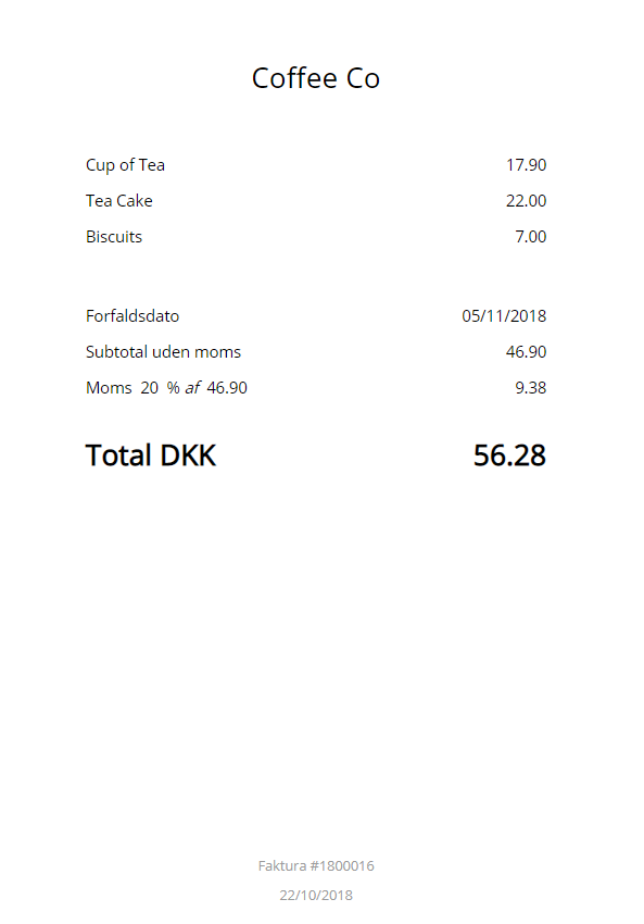 Image of Debitoor invoice for customer in the Danish language
