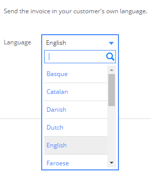 image of the drop-down menu with language choices for what invoices can be displayed and sent in via Debitoor. Languages in the image are Basque, Catalan, Danish, Dutch, English, and Faroese