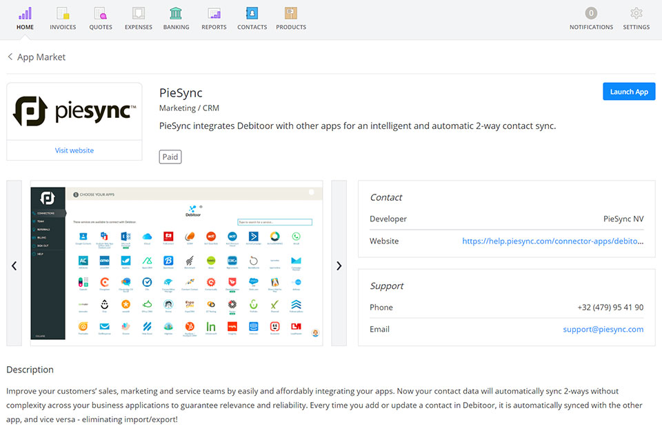 From the Debitoor invoicing software App Market, choose PieSync